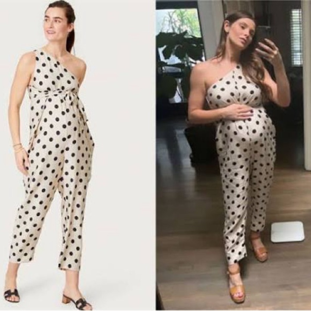 Hatch Black and Cream Polka Dot One-Shoulder Jumpsuit
